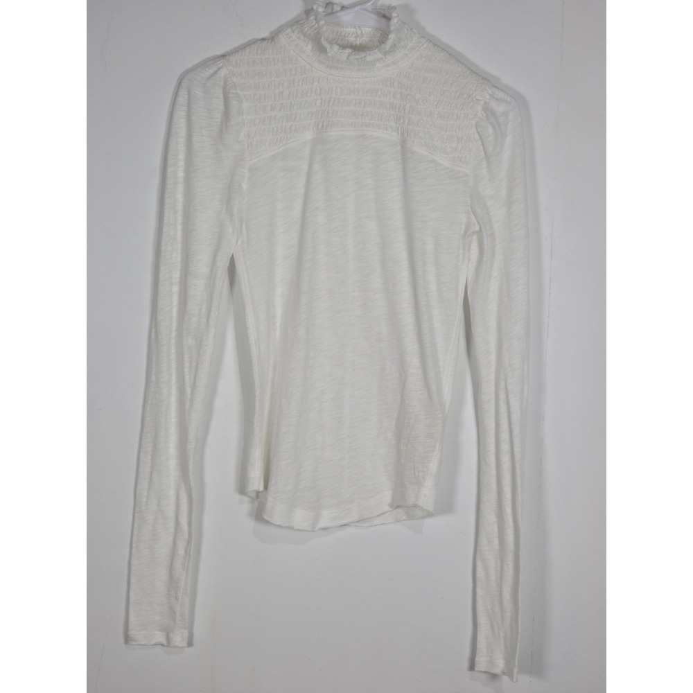 We The Free Womens XS Caroline Smocked Mock Neck Top White Boho Chic Fairycore